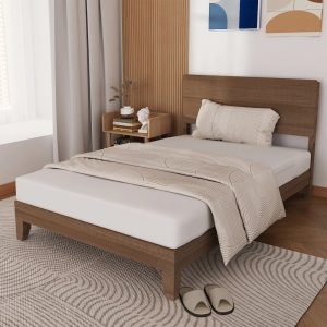 Zimtown Twin Bed Frame, Solid Pine Wood Platform Bed with Headboard,Rustic Walnut