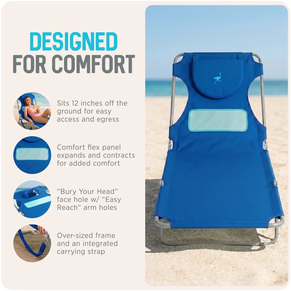 Ostrich The Ladies Comfort Lounger, Foldable Beach Pool Tanning Chair, Ocean Blue - Image 11