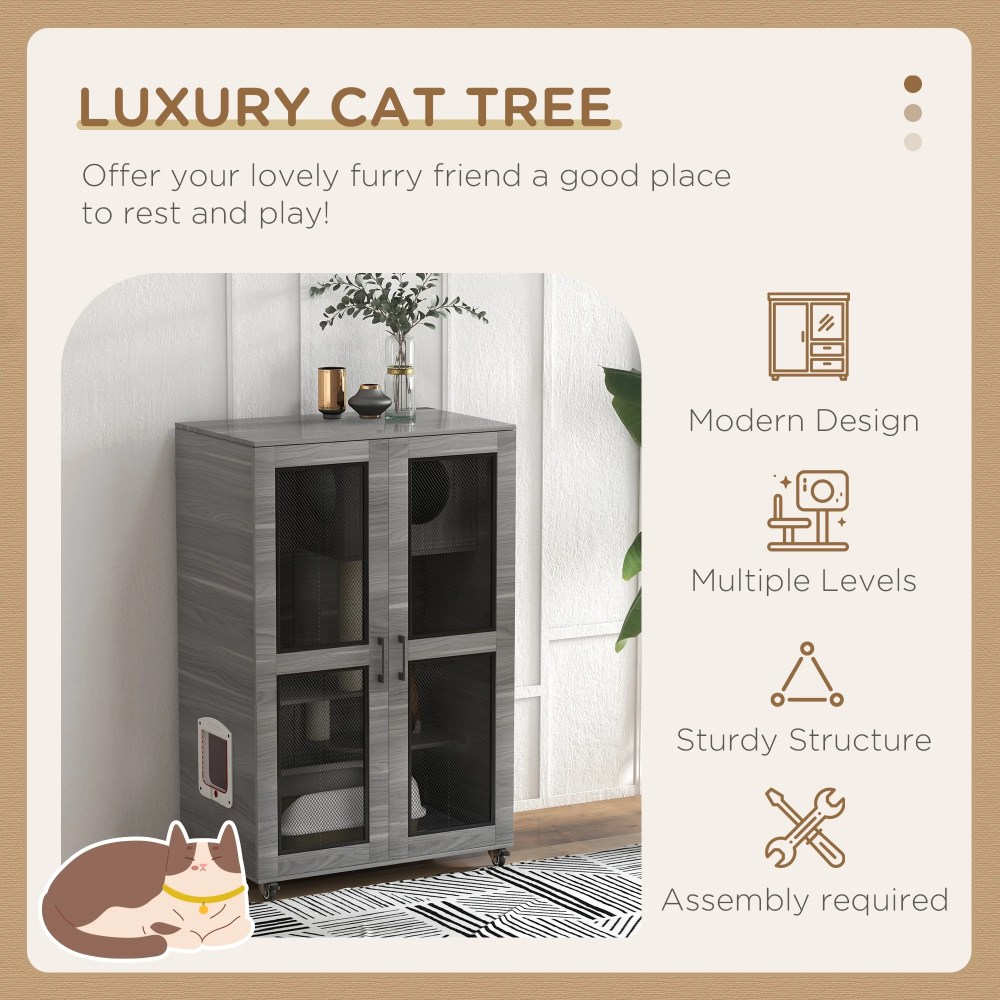 PawHut Cat House with Cat Tree Kitty Cage with Scratching Posts Condo Wheels Flap Door, Gray, 31.5" x 20" x 48.5" - Image 8