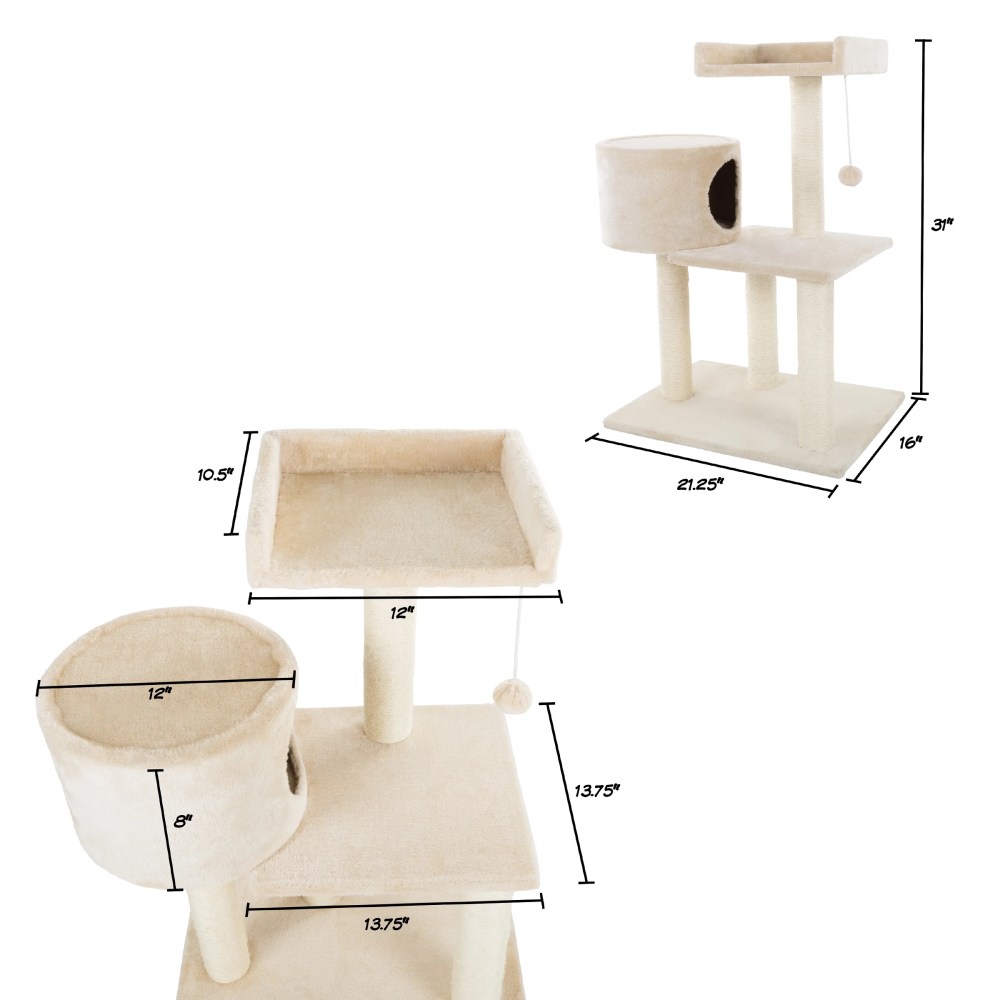3 Tier Cat Tree- Plush Multi Level Cat Tower with Scratching Posts Perch Style Bed Cat Condo and Hanging Toy for Cats and Kittens By PETMAKER (31) - Image 2