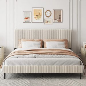 Yoneston King Size Bed Frame with Bandaged Upholstered Headboard for Adults Bedroom No Box Spring Required Easy to Assembly,Beige