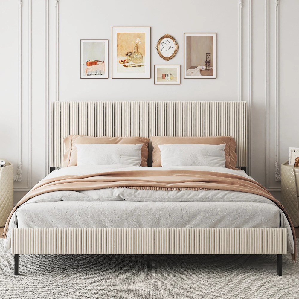 Yoneston King Size Bed Frame with Bandaged Upholstered Headboard for Adults Bedroom No Box Spring Required Easy to Assembly,Beige