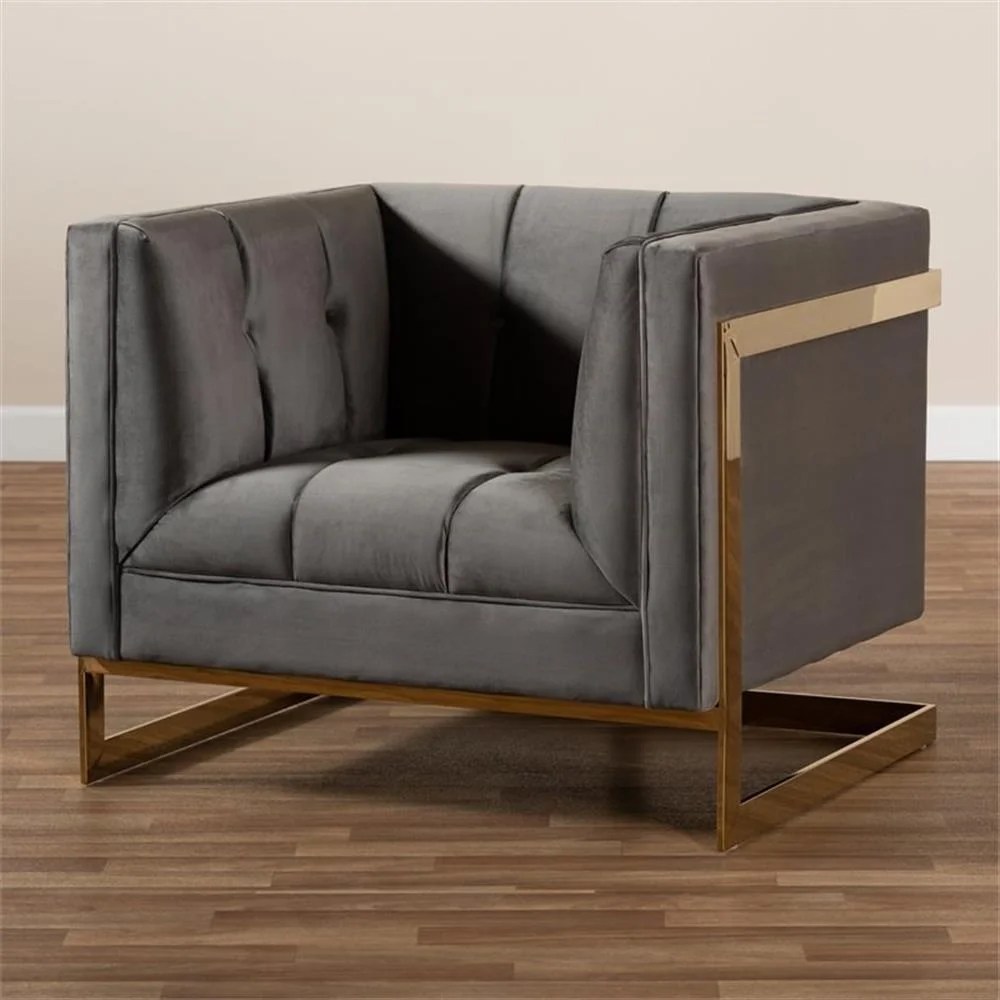 Baxton Studio Ambra Glam and Luxe Grey Velvet Fabric Upholstered and Button Tufted Armchair with Gold-Tone Frame - Image 7