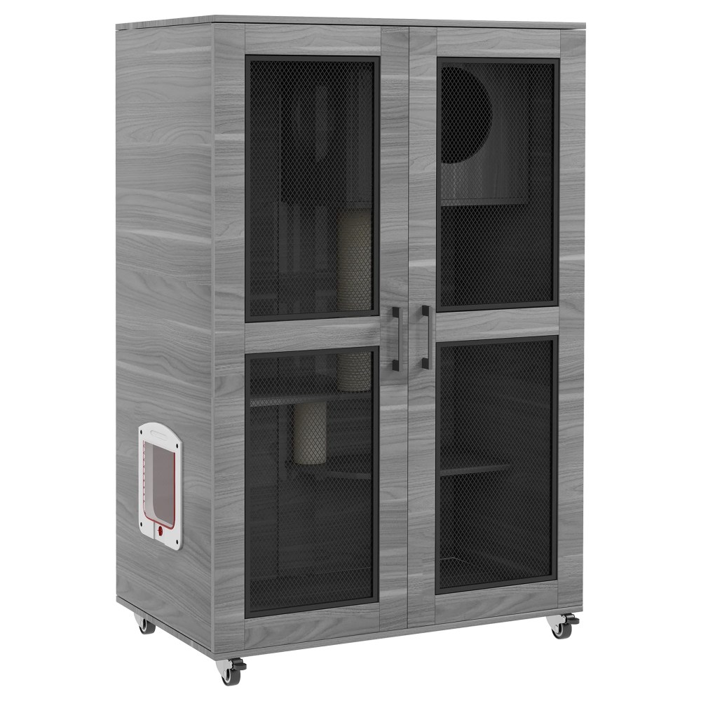 PawHut Cat House with Cat Tree Kitty Cage with Scratching Posts Condo Wheels Flap Door, Gray, 31.5" x 20" x 48.5" - Image 7