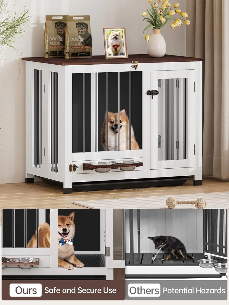 Dog Crate Furniture, 31.5" Dog Kennel Indoor Foldable and Portable, Sturdy Wooden Dog Crate End Table Easy Assembly with 360'Rotating Feeder and Detachable Tray for Small Dogs, Medium Dogs - Image 4