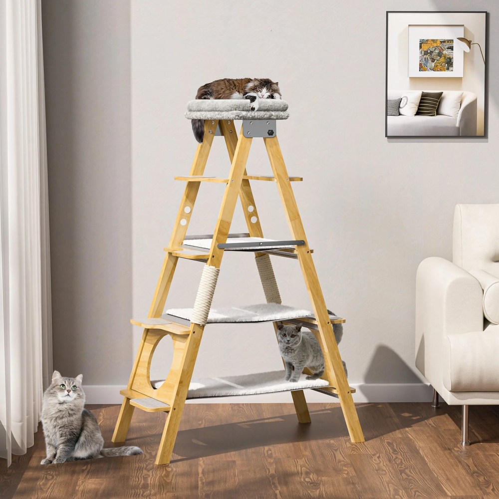 GDLF Modern Solid Wood Cat Tree Foldable Ladder Design with Cat Hammock & Sisal Scratch Post Easy Clean 60"H - Image 8
