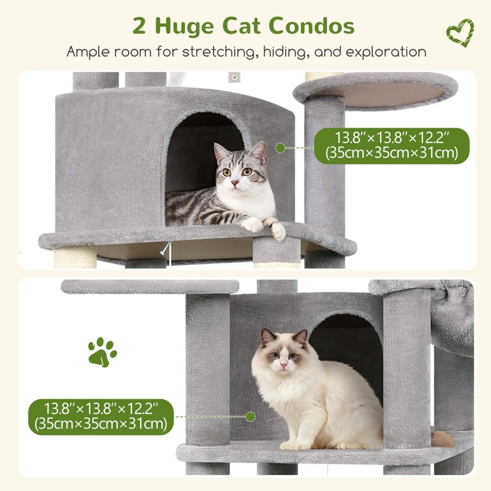 Globlazer 68" XL Corner Cat Tree Tower Condo for Large Cats - 6 Sisal Scratching Posts, 2 Condos, Hammock & Hanging Basket, Light Grey - Image 6
