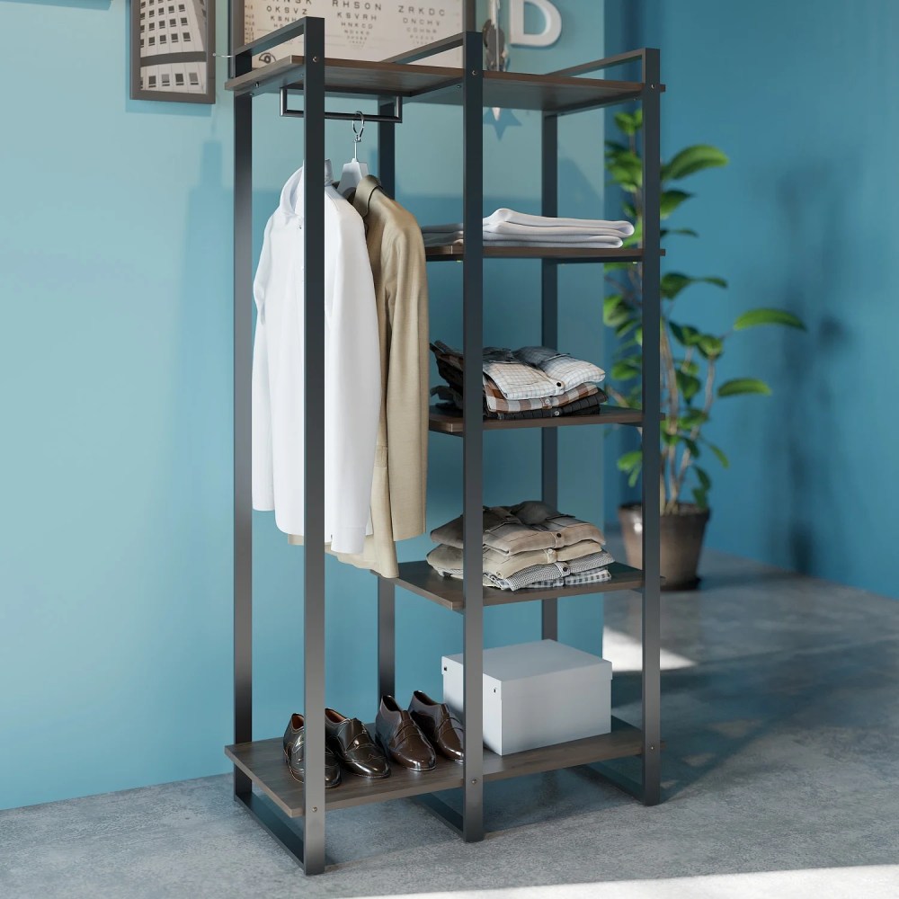 Zinus Brock 4-Shelf Etagere Bookcase with Hanging Storage,Acacia Wood and Metal Frame,Adult