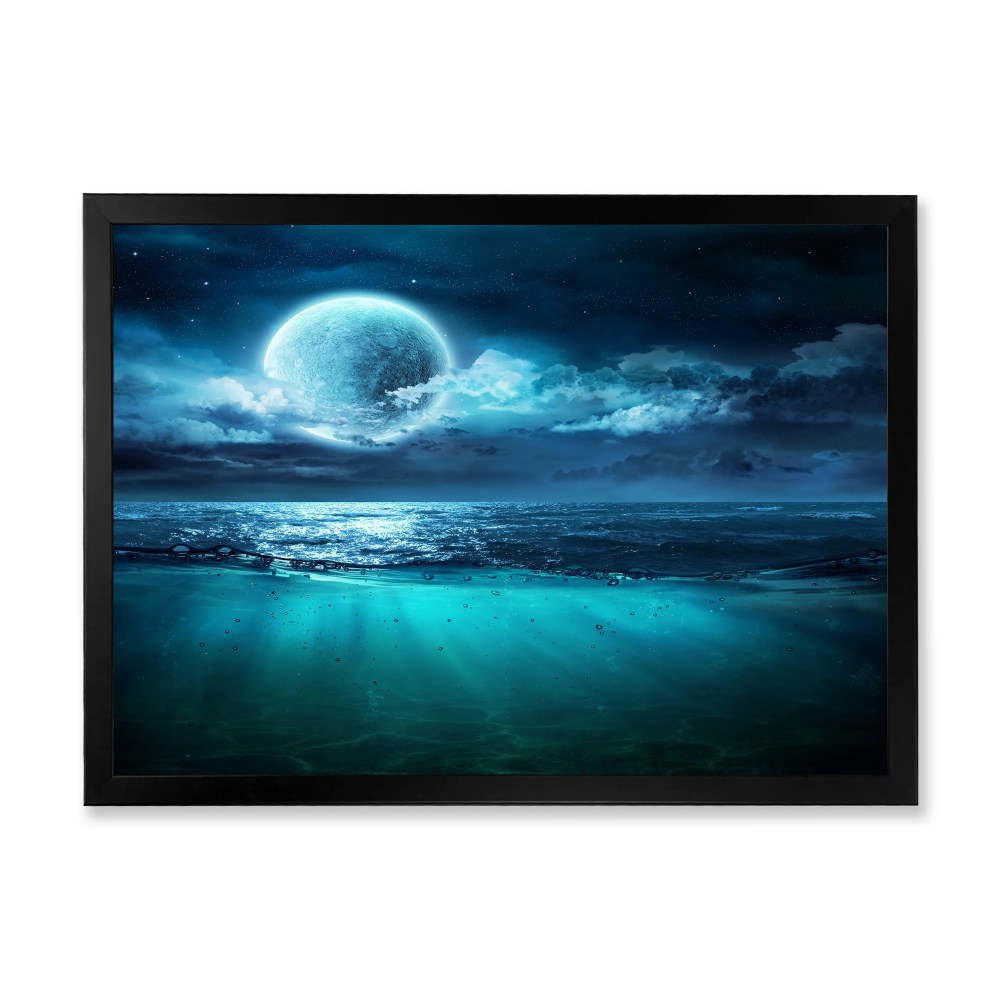 Designart 'Romantic Moon and Clouds Over Deep Blue Sea II' Nautical & Coastal Framed Art Print