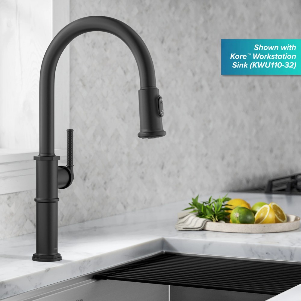 KRAUS Allyn Traditional Industrial Pull-Down Single Handle Kitchen Faucet in Matte Black - Image 6