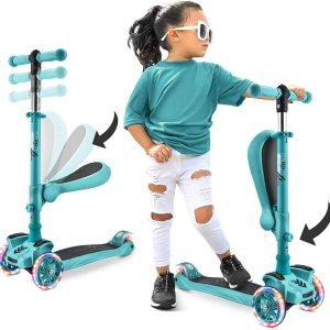 ScootKid 3-Wheel Kids Scooter - Child & Toddler Toy Scooter with Built-in LED Wheel Lights, Fold-Out Comfort Seat (Ages 1) (Teal Blue)