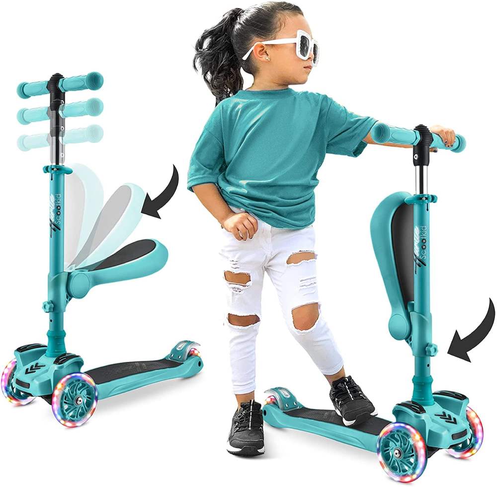 ScootKid 3-Wheel Kids Scooter - Child & Toddler Toy Scooter with Built-in LED Wheel Lights, Fold-Out Comfort Seat (Ages 1) (Teal Blue)