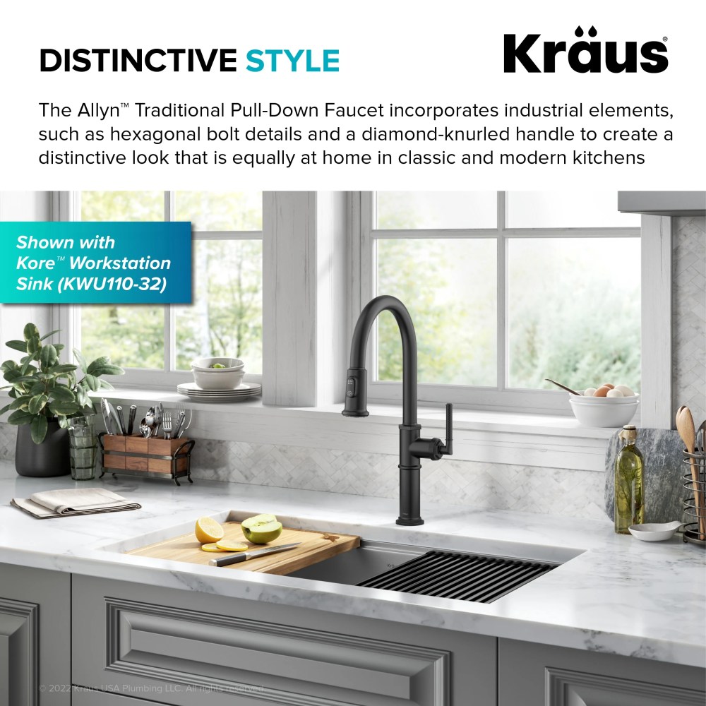 KRAUS Allyn Traditional Industrial Pull-Down Single Handle Kitchen Faucet in Matte Black - Image 3