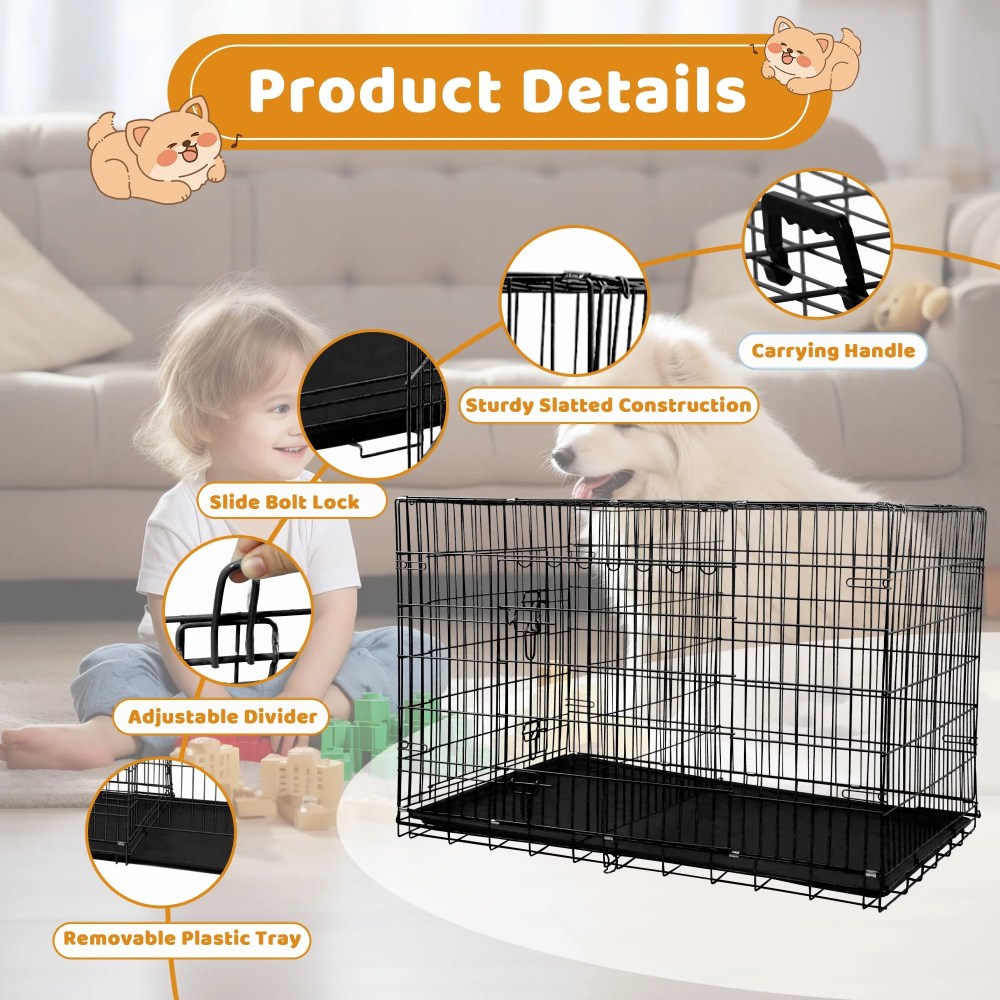 YRLLENSDAN 48 inch Dog Crate, Dog Crates and Kennels for Big Dog Foldable Large Dog Crate for Large Dogs with Handle Double-Door Outdoor Metal Wire Dog Cage with Plastic Tray for Medium Dogs, Black - Image 6