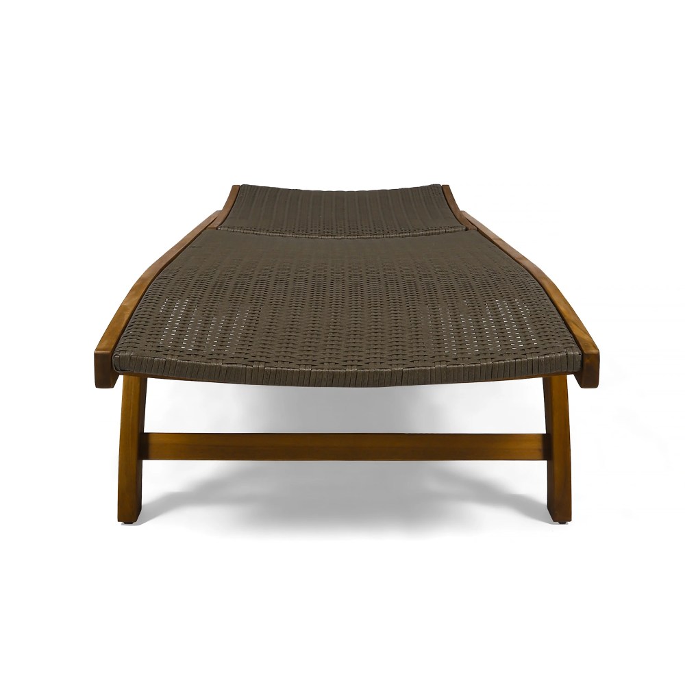 Emmanuel Outdoor Wicker and Wood Chaise Lounge with Pull-Out Tray, Set of 2, Brown, Teak - Image 8