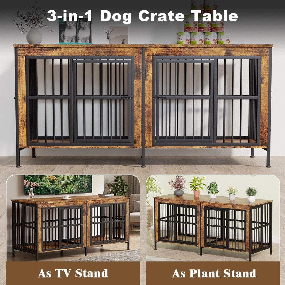 YOKWOK 78 Inch Dog Crate Furniture for Large Dogs with Sturdy Removable Divider, Extra Large Double Doors Dog Kennel Furniture, Thick Wooden Dog cage Furniture, Brown - Image 4
