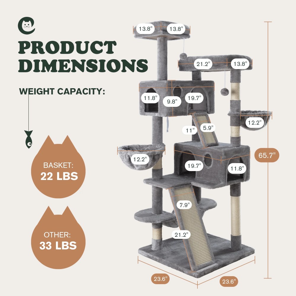 Amolife 65.7" Large Cat Tree and Tower Condo for Indoor Cats with 2 Scratching Boards, Hammock & Post, Gray - Image 12