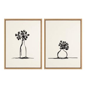 Kate and Laurel Sylvie Still Life Sketched Botanical Flower Vase Art Set on Framed Linen Textured Canvas by The Creative Bunch Studio, 1824 Natural, Illustrated Chic Floral Still Life