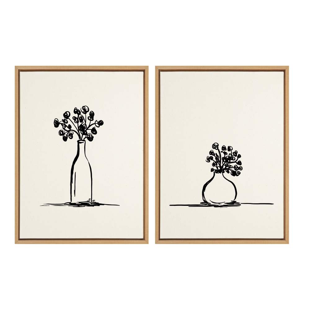 Kate and Laurel Sylvie Still Life Sketched Botanical Flower Vase Art Set on Framed Linen Textured Canvas by The Creative Bunch Studio, 1824 Natural, Illustrated Chic Floral Still Life