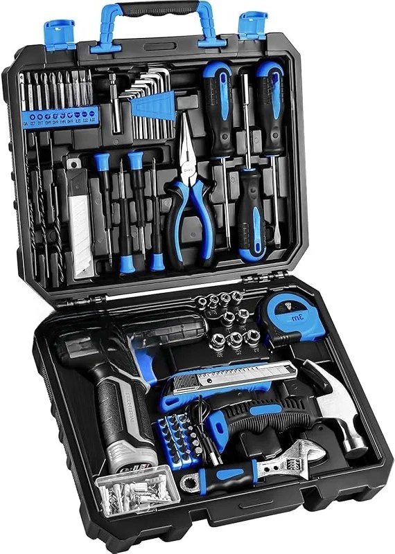 126 Piece Drill Sets,Tool Set with 8V Blue Cordless Drill,Home Tool Kit with Drill,Hand Tool Kits for Women
