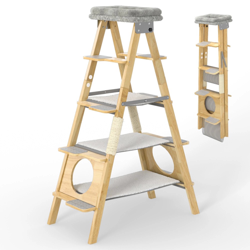 GDLF Modern Solid Wood Cat Tree Foldable Ladder Design with Cat Hammock & Sisal Scratch Post Easy Clean 60"H - Image 3