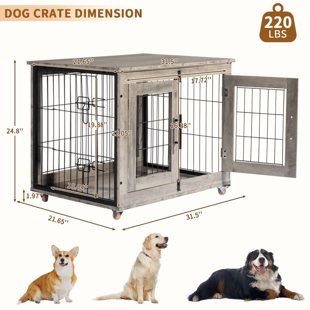 Zimtown 31In Indoor Dog Crate Furniture, Double Door Wooden Pet Cage with Removable Tray, End Table, Light Gray - Image 4