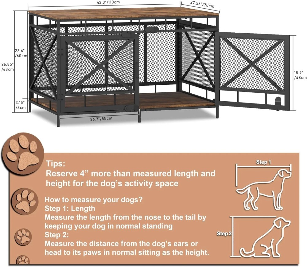Dog Crate Furniture, Dog Kennel for Small Medium Large Breed, Heavy Duty 43" Large Corner Dog Crate, Indoor Pet Cage with Side Door (Retro Brown) - Image 3