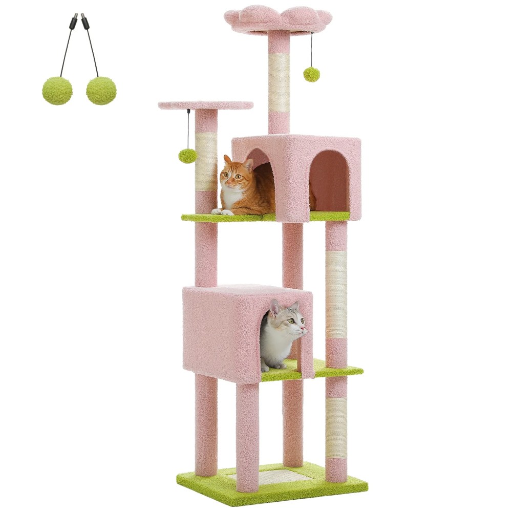 Pefilos 62" Cat Tree for Indoor Cats, Modern Cat Tree Tower with 2 Spacious Condos, Scratching Pad, 4 Cat Scratching Posts, 2 Top Perches, 2 Pompoms, - Image 6