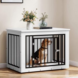 Uforic 38.2" Dog Crate Furniture,  2-in-1 Iron-Wood Indoor Dog Cage with Lockable Door,  Safety Corners,  and Waterproof Top,  White