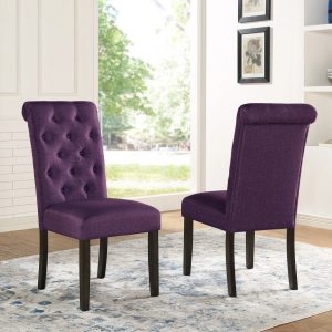 Roundhill Furniture Leviton Solid Wood Tufted Asons Dining Chair (Set of 2), Purple