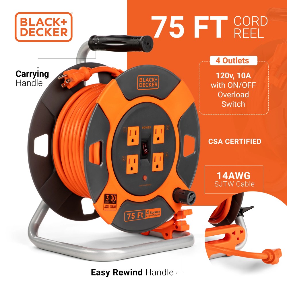 Black Decker 75ft. Cord Reel 14AWG 4 Outlets - Image 2