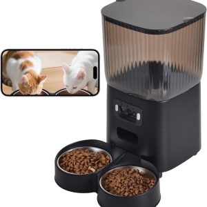 DENZUS Automatic Cat Feeder 2 Cats with Camera, 5L Dual Pet Auto Timed Electric Smart App Food Feeding Dispenser (Black, 2 Bowls)