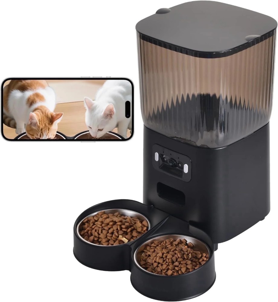DENZUS Automatic Cat Feeder 2 Cats with Camera, 5L Dual Pet Auto Timed Electric Smart App Food Feeding Dispenser (Black, 2 Bowls)