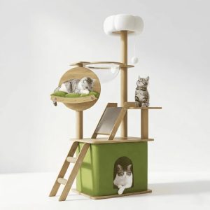 Mekidulu 59in Green Wood Cat Tree Tower,  Modern Pet Furniture for Large Cats