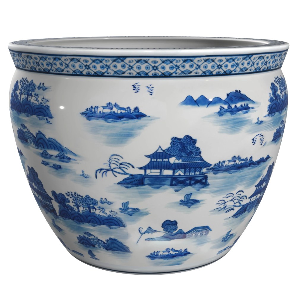 Red Lantern 16" Landscape Blue & White Porcelain Fishbowl Planter - Image 3