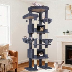 Globlazer 84" Multilevel Large Cat Tree Tower for Indoor Cats with 2 Condos,  3 Hanging Baskets & 8 Scratching Posts,  Dark Gray