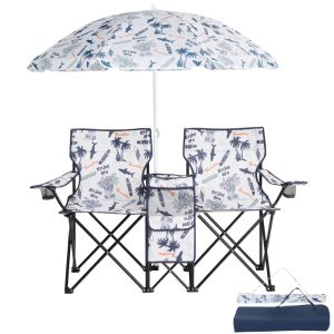 2-Seat Folding Chair with Removable Sun Umbrella,  Portable Camping Chair with Storage Pocket and Cup Holders,  Outdoor Beach Chair for Beach,  Patio,  Park,  Coconut Tree