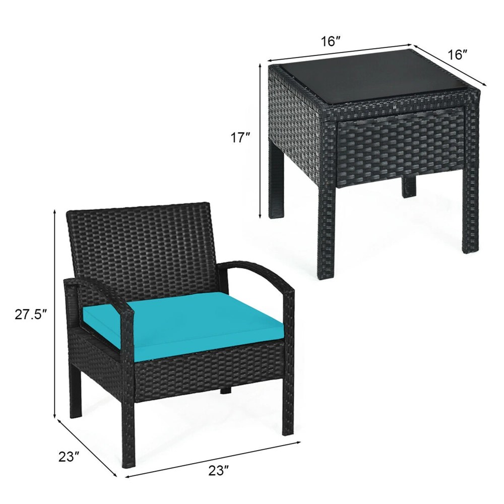 Gymax 3PCS Patio Rattan Conversation Furniture Set Outdoor Yard w/ Turquoise Cushions - Image 6