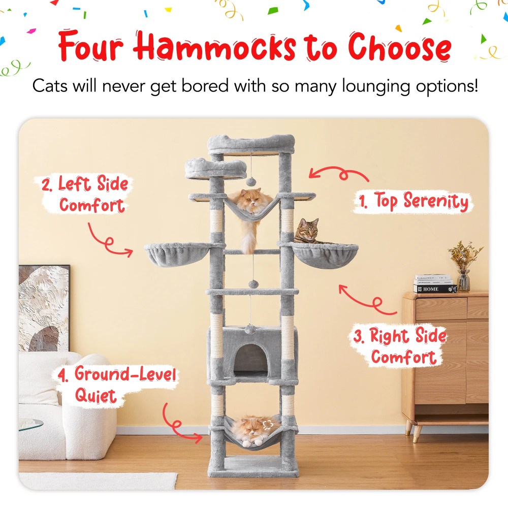 Furcato 77-Inch Cat Tree for Indoor Cats, Multi-Level Large Cat Tower with 4 Hammocks, 2 Padded Perches, Large Cat Condo, Light Gray - Image 4