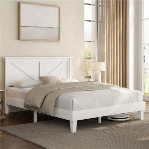 Yaheetech Farmhouse Wood Queen Bed with Headboard,White