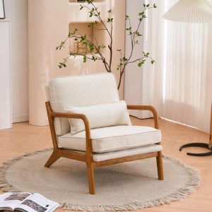 Zimtown Mid-Century Retro Armchair,Modern Upholstered Lounge Chair,Linen Fabric Accent Chair with Sturdy Wooden Frame Beige