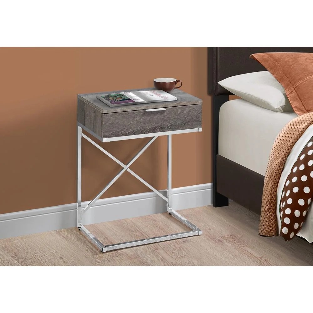 ACCENT END TABLE - 24"H / DARK TAUPE / CHROME METAL WITH DRAWER - Image 4