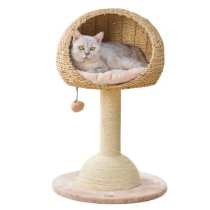 Petpals 29"High 2-Lvl Handwoven Paper Rope Hoodie Cat Basket Bed with Sisal Scratching Post,  Beige