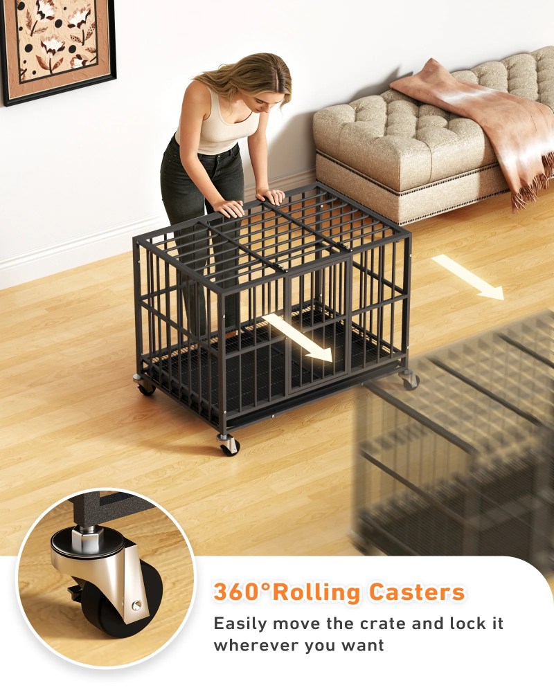 Time Ray 38 inch Dog Crate for Medium Dog with Steel Escape Proof, Heavy Duty Indestructible Dog Kennel with Double Doors, Lockable Wheels and Removable Tray, Black - Image 8
