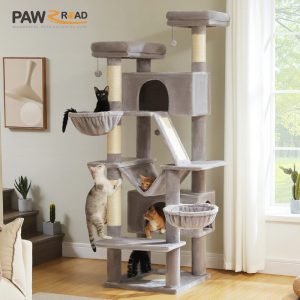 PAWZ Road 77" Cat Tree Multilevel Play Tower Enlarged Condo Hammock Sisal Scratching Posts Pads,  Gray