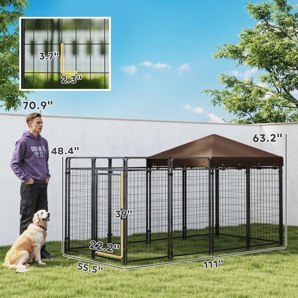 PawHut Dog Kennel Outdoor with Waterproof Canopy, Galvanized Chain Link, for Backyard and Patio, Large and Medium Sized Dog, 9.3" x 4.6" x 5.2" - Image 3