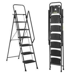 5-Step Folding Ladder,330LB Capacity Steel Step Stool with Anti-Slip Pedals & Safety Handle,Lightweight Portable Household Ladder for Kitchen and Home Use