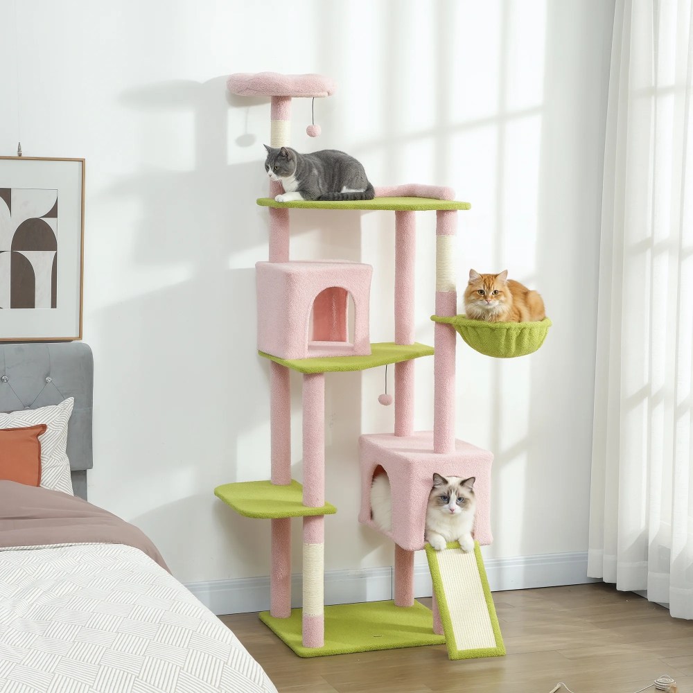 PawHut 74" Flower Cat Tree, Large Cat Tower Metal Frame Hammock, Scratcher Ramp, 3 Sisal Scratching Posts, 2 Condos, Perches, for Indoor Kittens, Pink