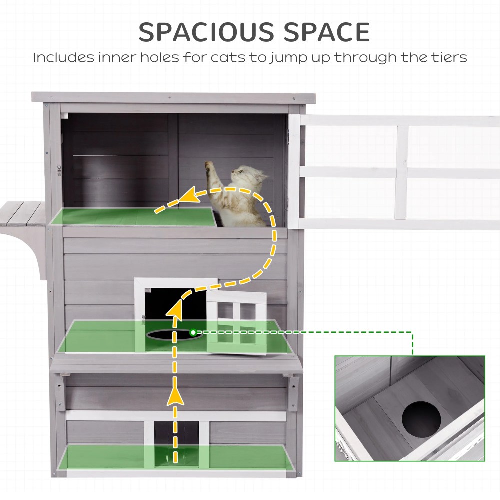 PawHut 3-Story Cat House with Raised Floor, Escape Doors, Gray - Image 6