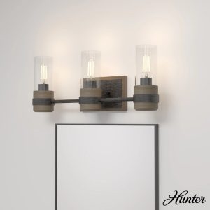 Hunter - River Mill 3-light Rustic Iron,  Medium Size Vanity Light,  Dimmable,  Rustic Style,  for Bedrooms,  Dining,  Living Rooms - 19466
